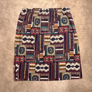 Vintage 90s Southwestern Tribal Print Midi Skirt Multicolor Boho Western Aztec